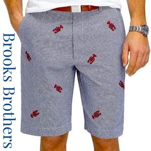 Brook Brothers Bermuda Navy Gingham Shorts Embroidered Red Lobsters Size 33